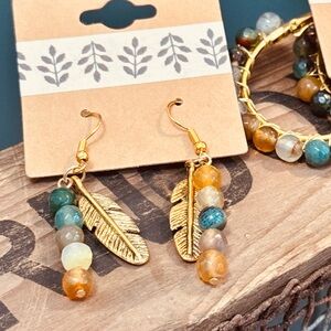 Gold and Multicolor Beaded Feather dangle Earrings